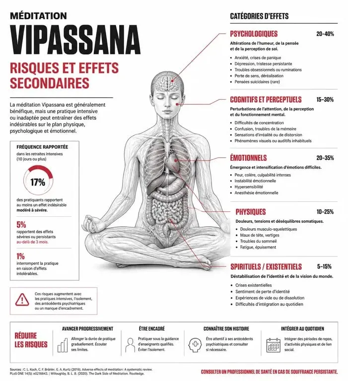 Infographie sur les risques et effets secondaires de la méditation Vipassana