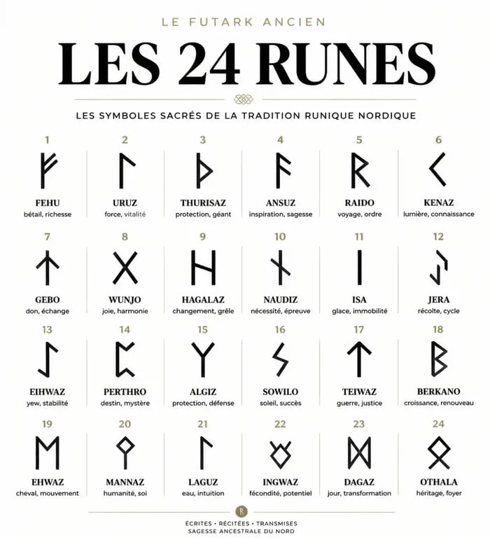 Infographie des 24 runes vikings du Futhark ancien et leur signification