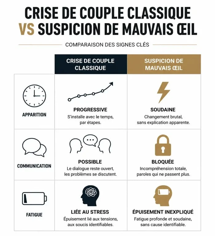 Infographie comparant les symptômes d'une crise de couple classique et les signes du mauvais œil dans le couple