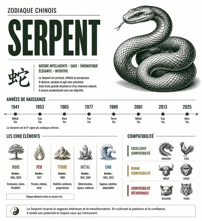 Infographie sur le signe chinois du Serpent : années, éléments et compatibilités