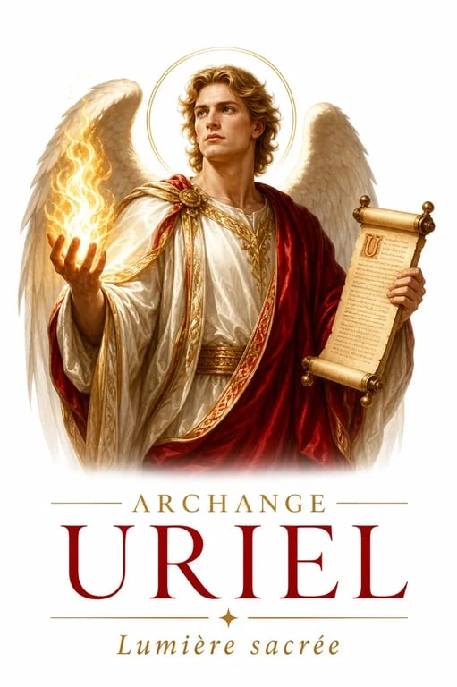 Représentation artistique de l'archange Uriel avec ses attributs symboliques : la flamme et le parchemin.