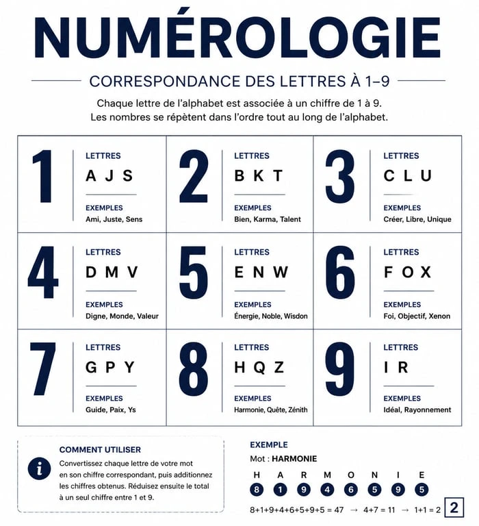Tableau de correspondance lettres et chiffres pour la signification numérologie