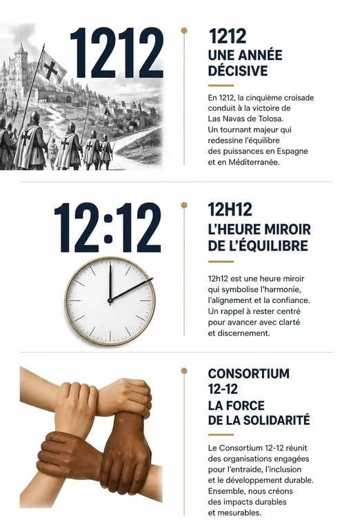 Infographie récapitulative des significations du nombre 1212 : histoire, spiritualité et solidarité