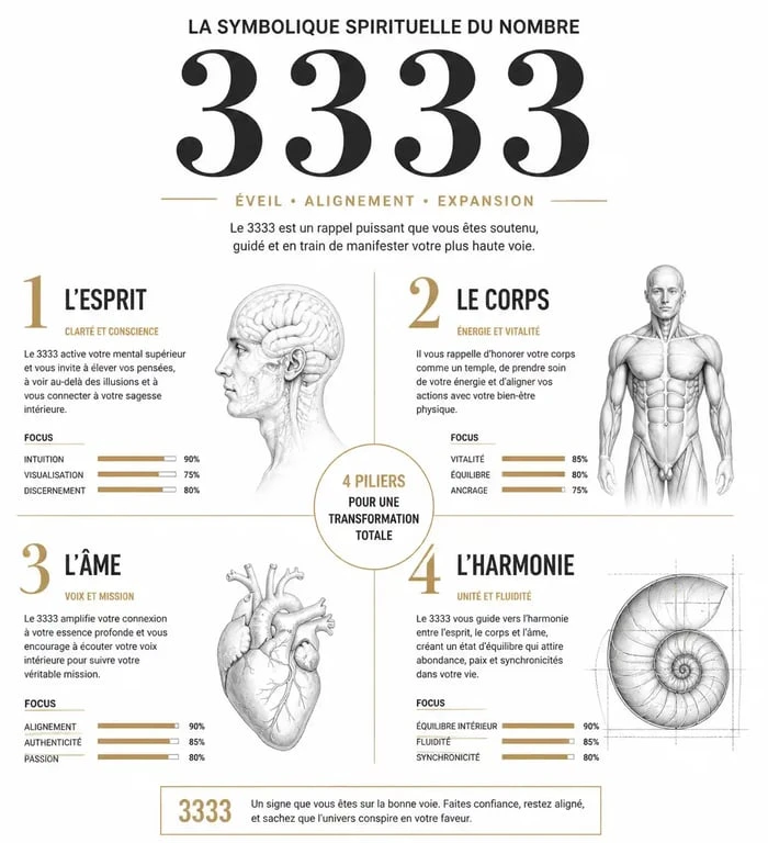 Infographie sur la signification spirituelle du nombre 3333 et son impact sur la vie quotidienne