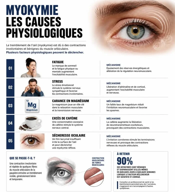 Infographie des causes physiologiques de l'œil qui tremble ou myokymie