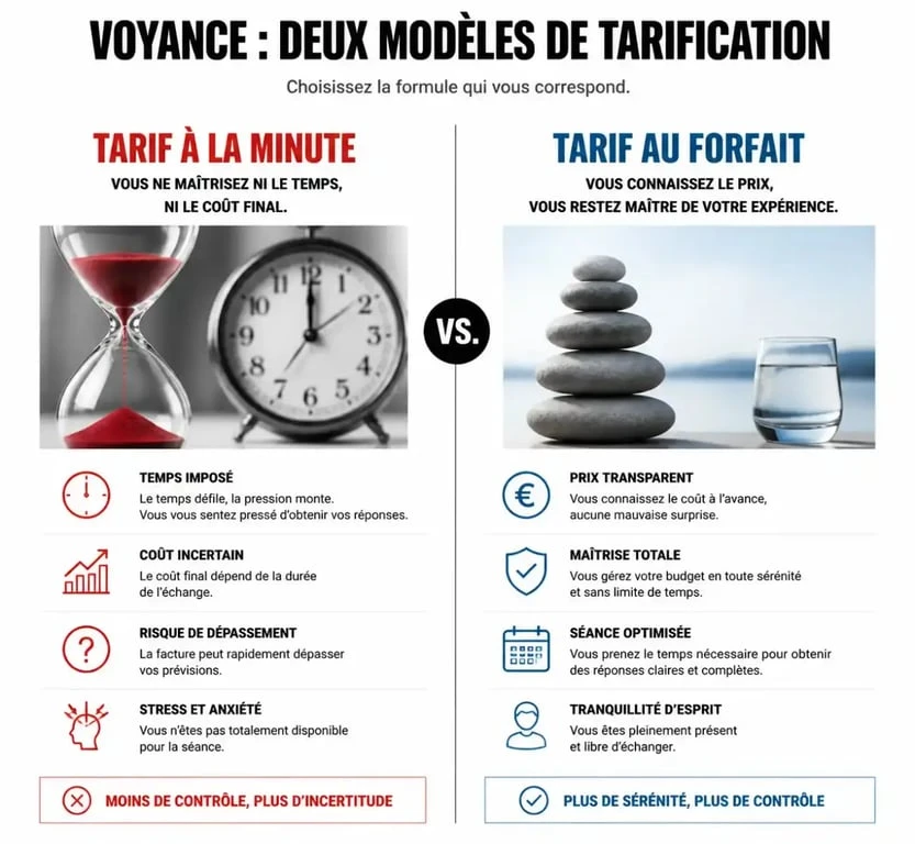 Comparatif des modèles de tarification pour une voyance de qualité : tarif à la minute contre tarif au forfait pour une consultation sereine.