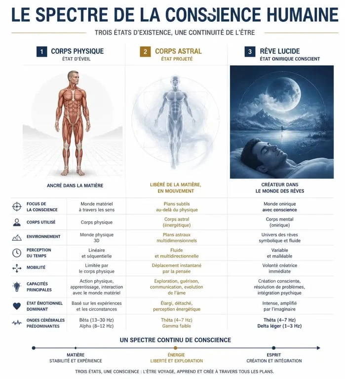 Infographie illustrant les différents états de conscience : voyage astral, rêve lucide et corps physique
