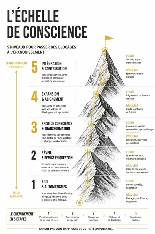 Infographie expliquant l'échelle de conscience dans le coaching chamanique Chamane AR pour la transformation personnelle.