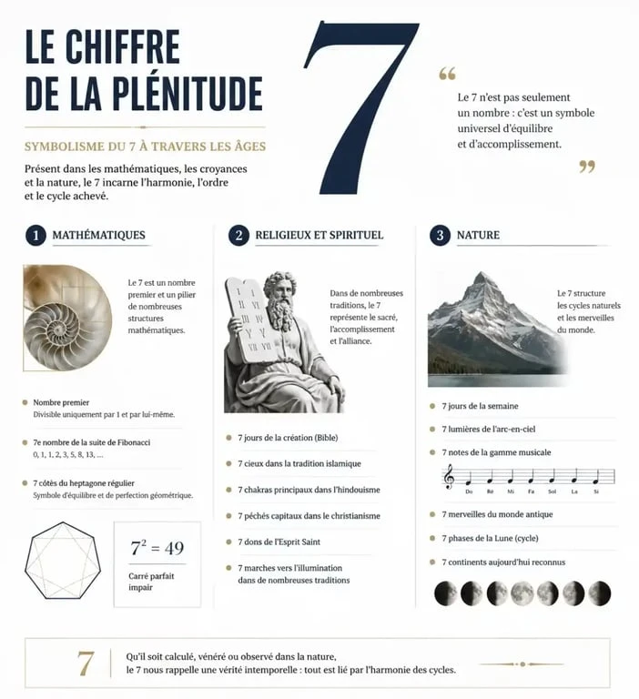 Infographie sur la symbolique et les propriétés du chiffre 7 dans les mathématiques, la religion et la nature