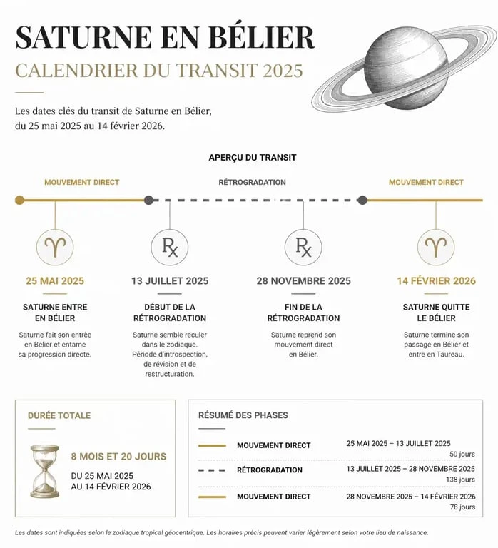 Calendrier du transit de Saturne en Bélier 2025 : dates clés et phases astrologiques