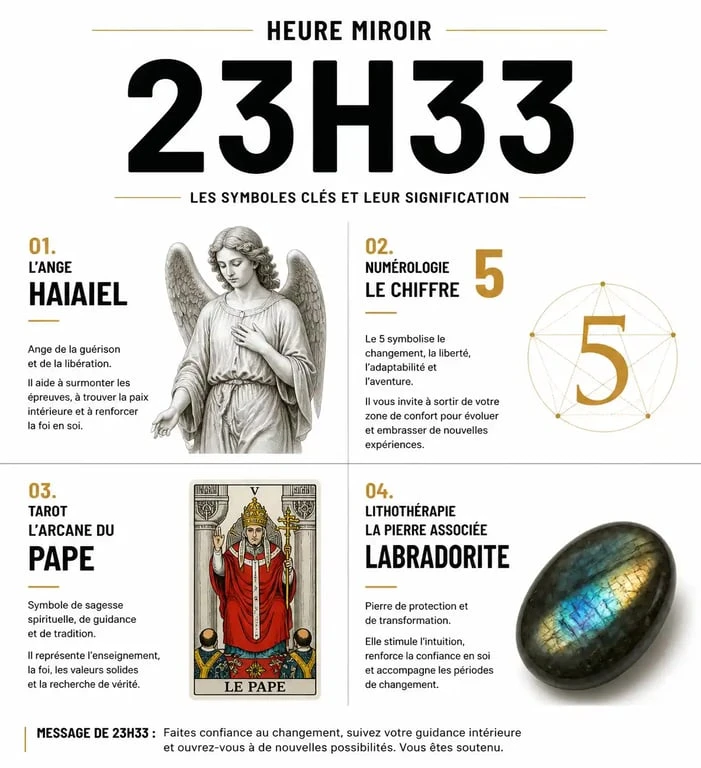 Infographie récapitulative de la signification de l'heure miroir 23h33 : symbolisme angélique, numérologique et ésotérique.