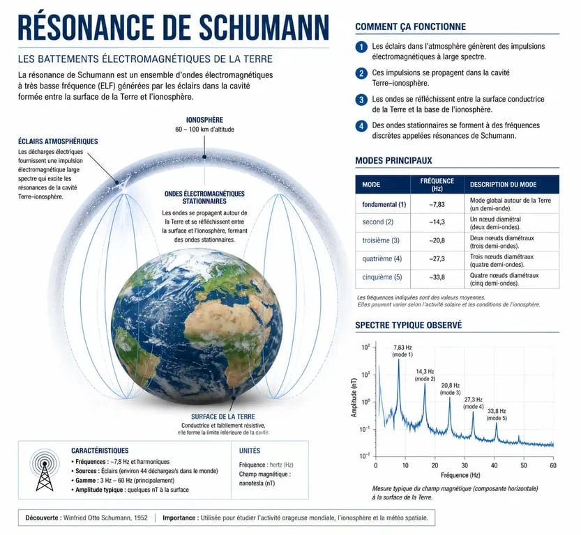 Schéma explicatif de la résonance de Schumann et de son fonctionnement électromagnétique autour de la Terre