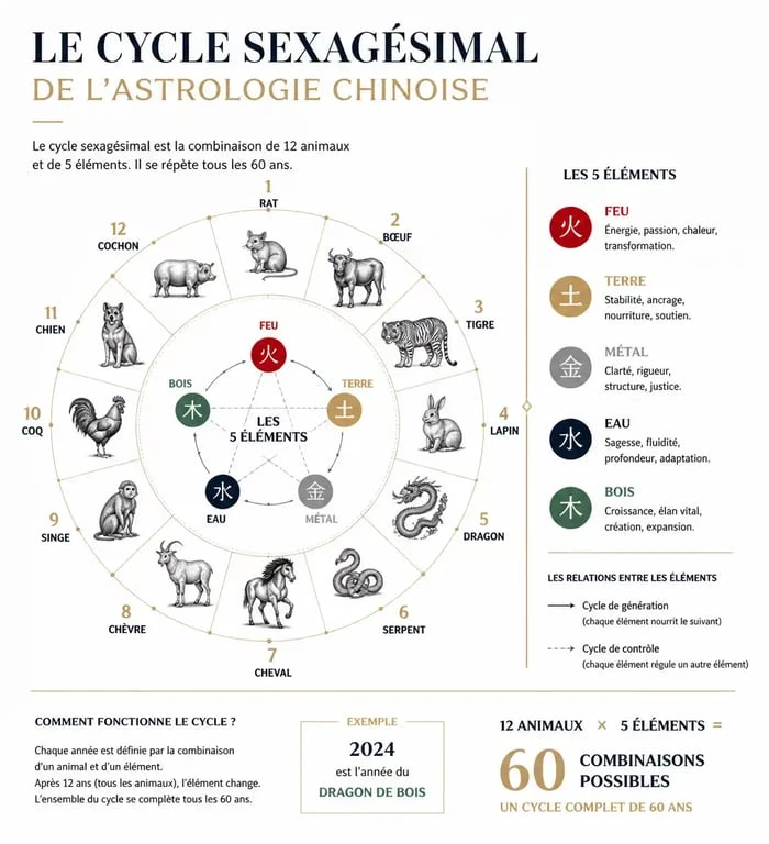 Infographie illustrant le cycle sexagésimal pour le calcul du signe chinois avec les 12 animaux et les 5 éléments.