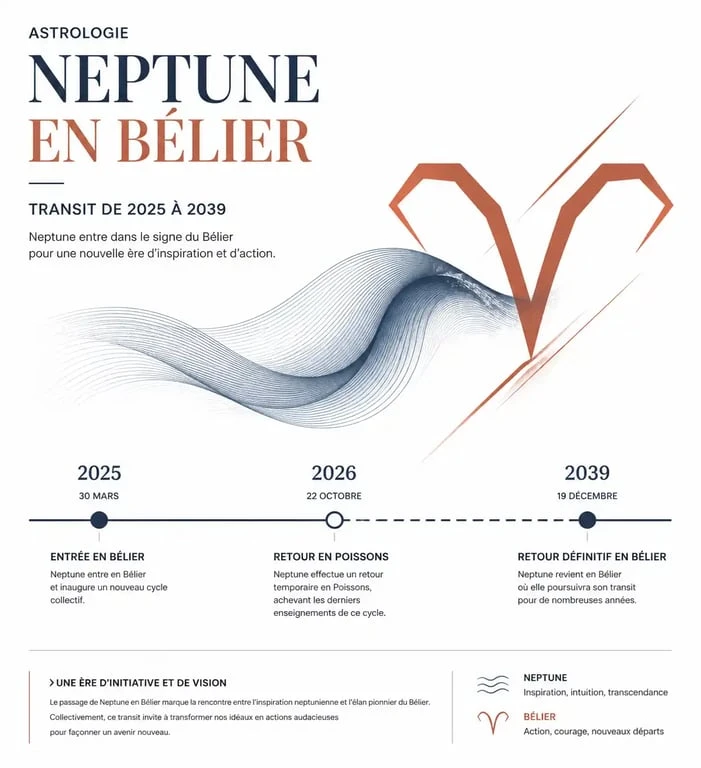 Infographie illustrant le transit de Neptune en Bélier 2025 et ses impacts sur les signes du zodiaque