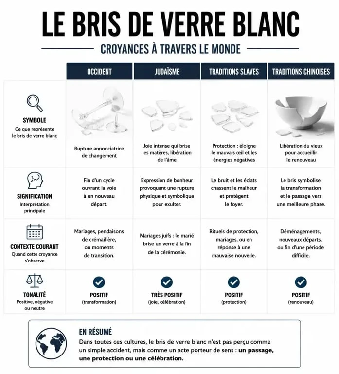 Infographie sur la signification culturelle de casser du verre blanc : croyances occidentales, juives, slaves et chinoises.