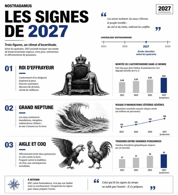 Infographie des prédictions de Nostradamus pour 2027 : concepts clés et interprétations géopolitiques.