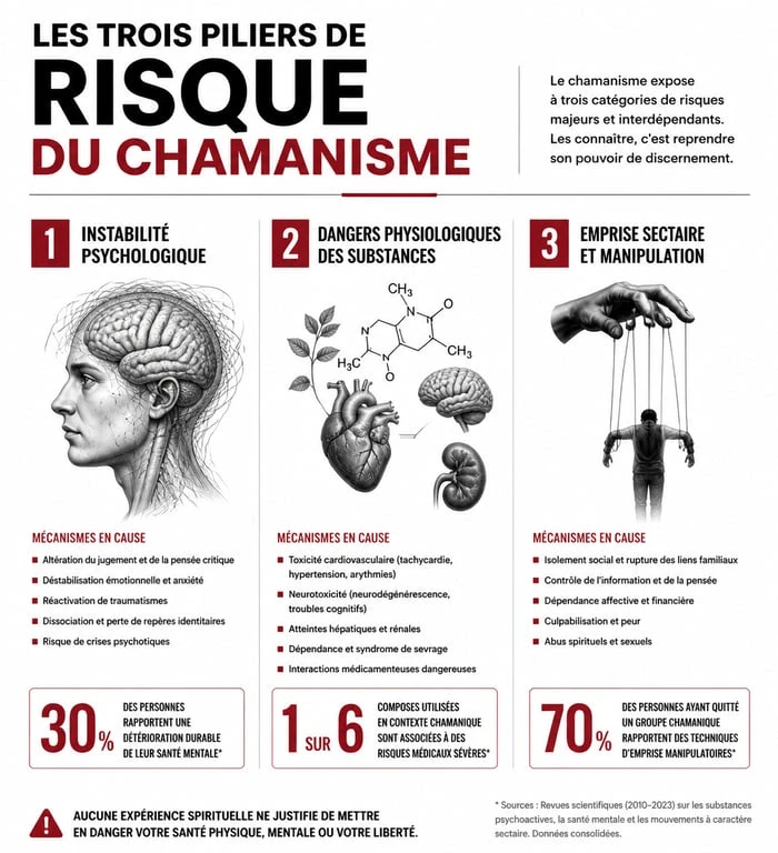 Infographie sur les dangers du chamanisme : risques psychologiques, substances et dérives sectaires