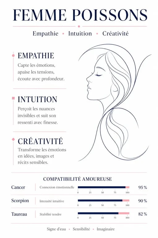 Infographie des traits de caractère et compatibilités amoureuses de la femme Poissons qui attire les hommes