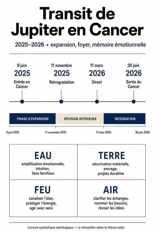 Infographie des dates clés et influences du transit de Jupiter en Cancer 2025-2026