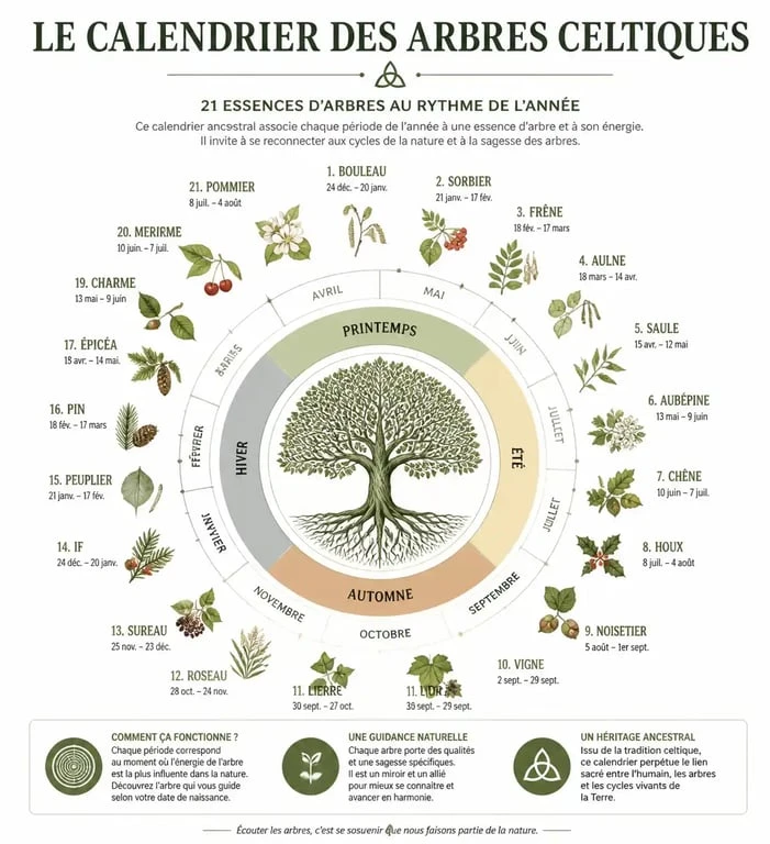 Infographie du calendrier des arbres celtiques et signification de l'arbre totem