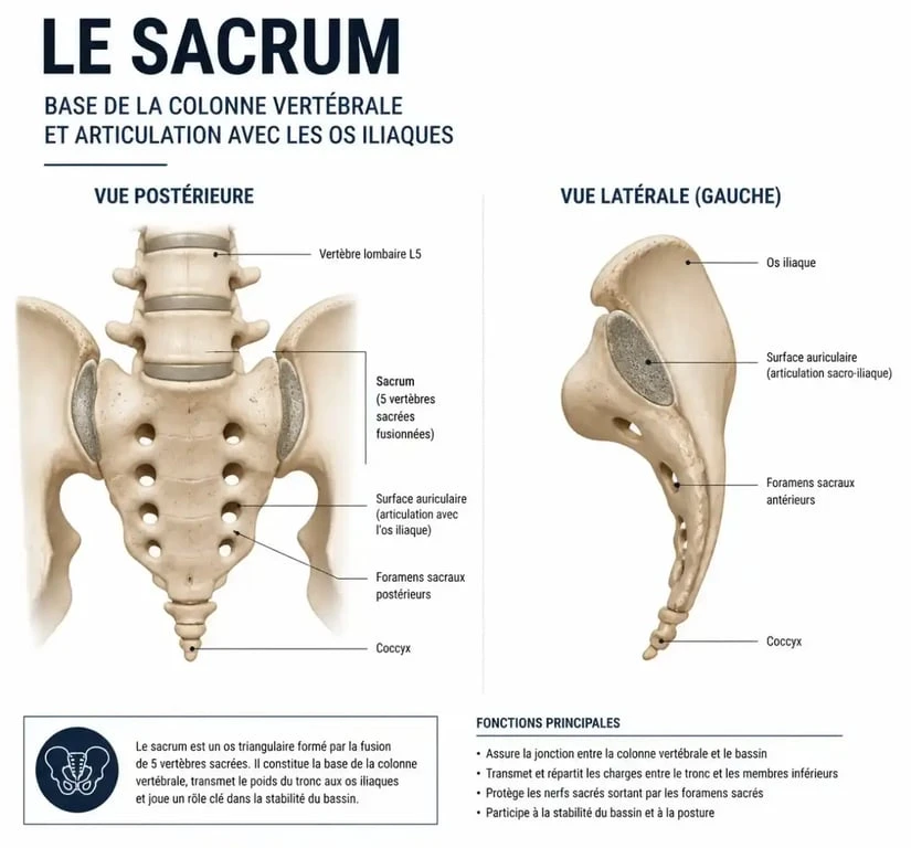 Schéma anatomique montrant où se situe le sacrum dans le corps humain