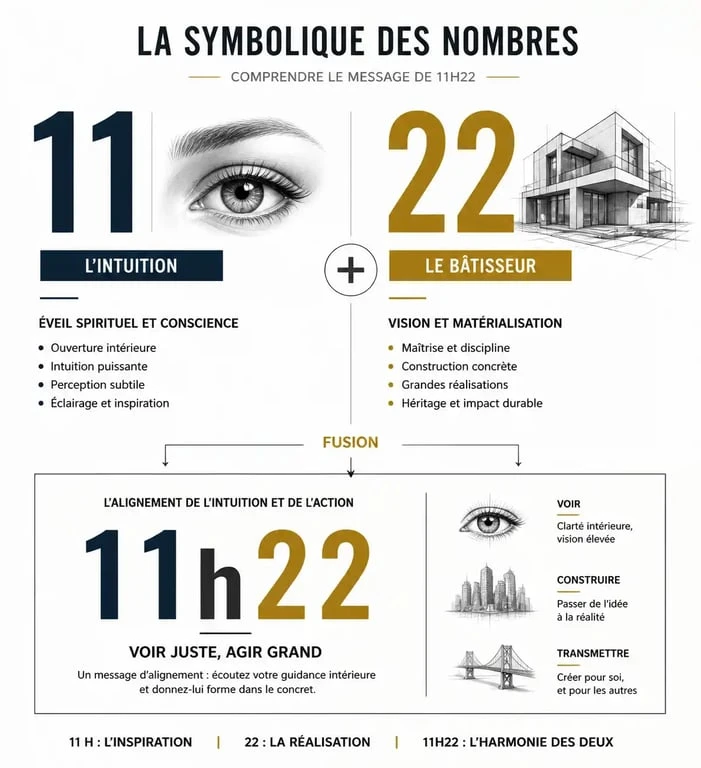 Infographie expliquant la signification de l'heure miroir 11h22 et la symbolique des nombres 11 et 22