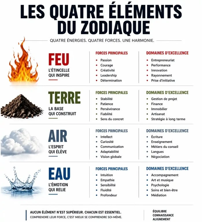 Infographie des éléments astrologiques et leurs forces pour déterminer le meilleur signe astrologique