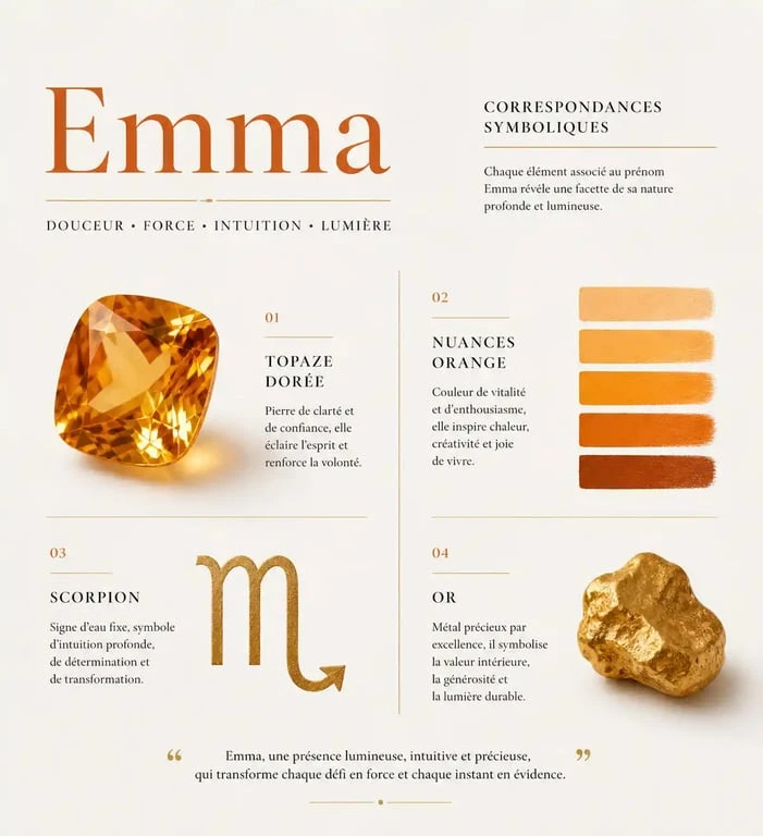 Infographie des correspondances symboliques et spirituelles du prénom Emma : pierre, couleur, signe astrologique et métal.