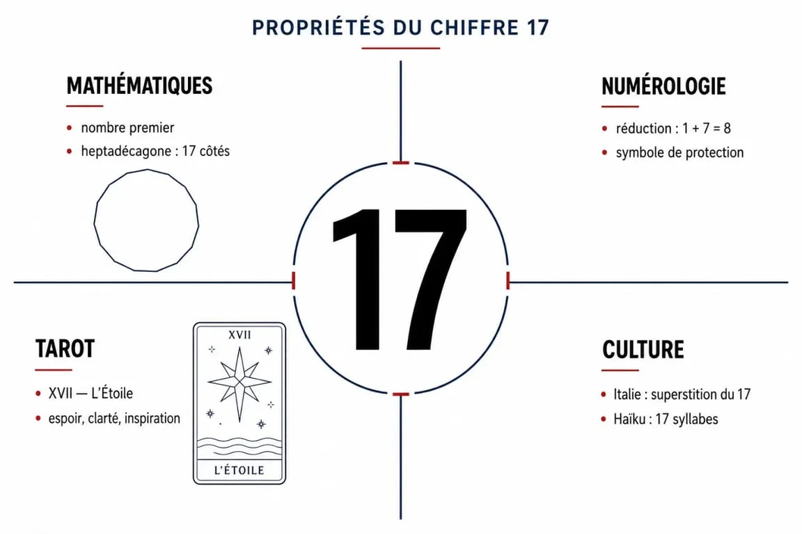 Infographie résumant la symbolique et les propriétés mathématiques du chiffre 17