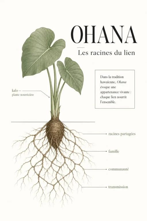 Infographie illustrant la signification du concept Ohana à travers la métaphore des racines de la plante de taro
