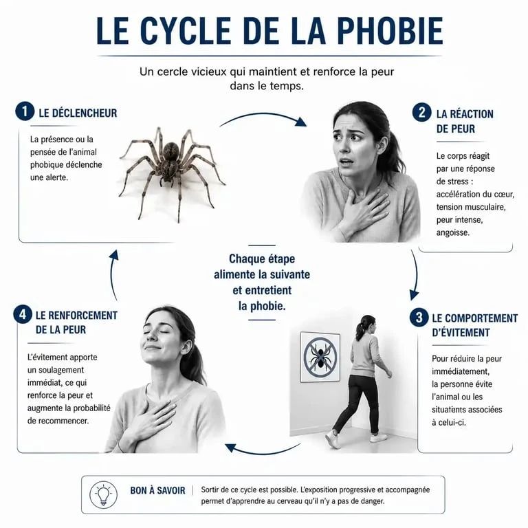 Infographie expliquant le cycle de la peur viscérale des animaux et le mécanisme de l'évitement dans la zoophobie
