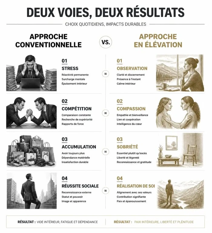Infographie comparative sur l'élévation spirituelle : approche conventionnelle versus approche en élévation.