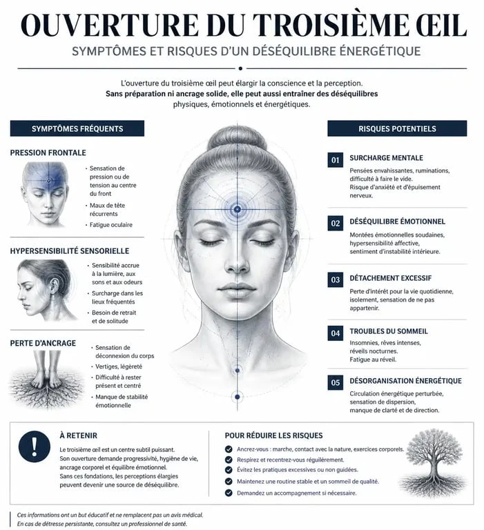 Infographie des risques et symptômes de l'ouverture du troisième œil