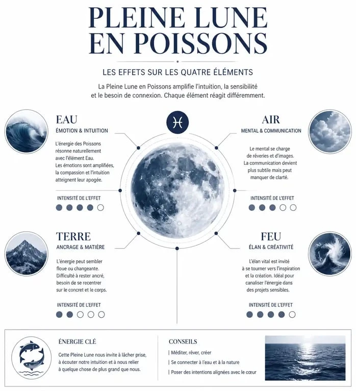 Infographie des effets de la pleine lune en Poissons sur les signes astrologiques