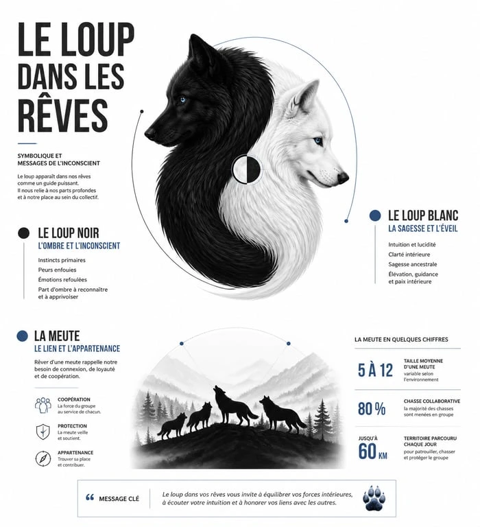 Infographie sur la symbolique du loup dans les rêves : interprétation psychologique et spirituelle