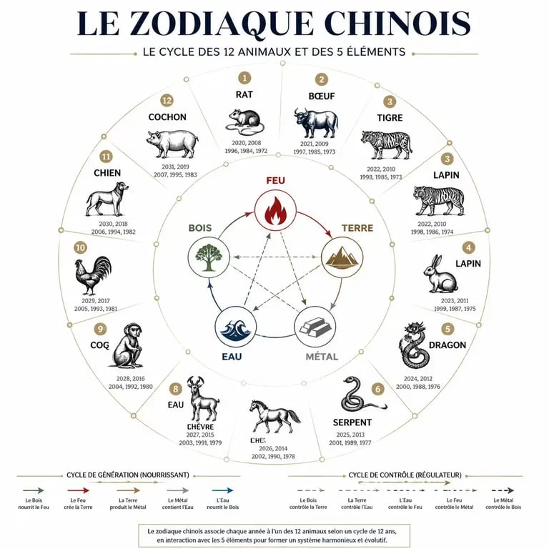 Infographie du cycle des 12 signes du zodiaque chinois et des 5 éléments