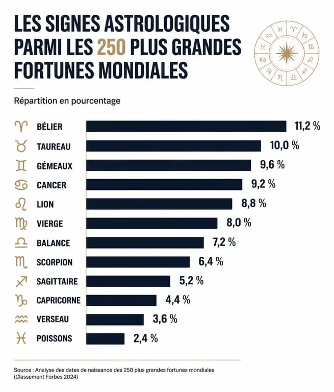 Répartition des signes astrologiques chez les milliardaires : graphique comparatif des signes les plus représentés.