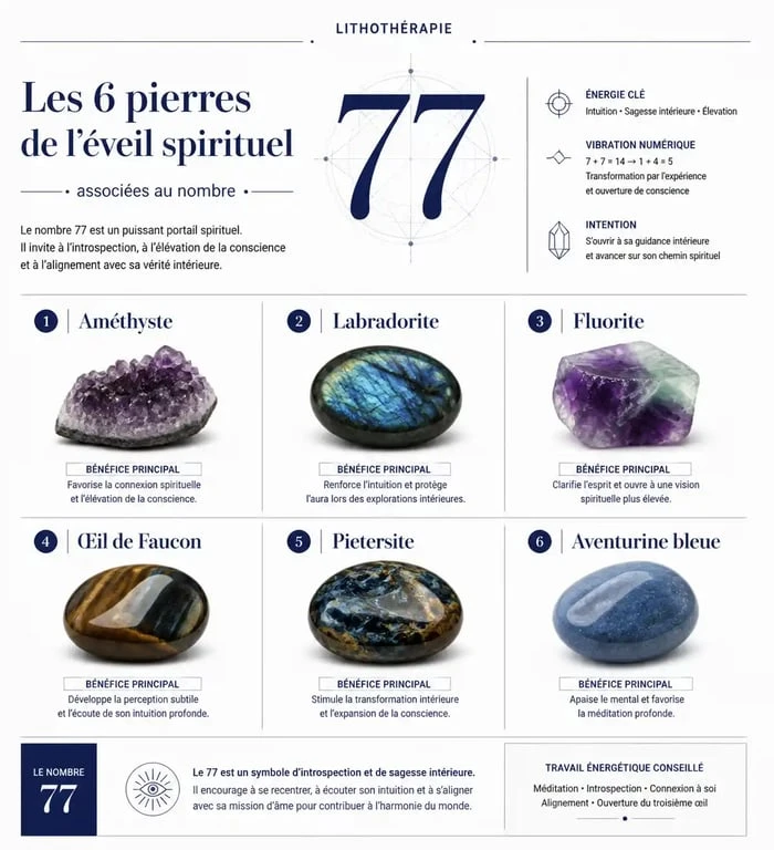 Infographie des pierres de lithothérapie pour la signification du nombre 77