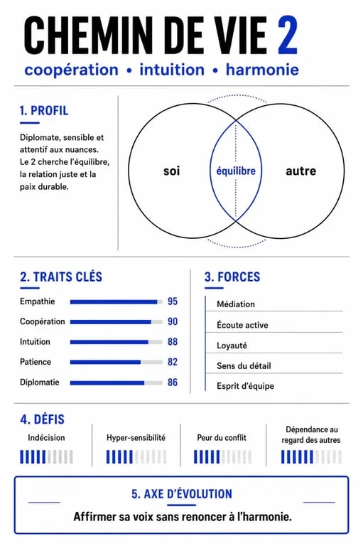 Infographie récapitulative des traits, forces et défis du chemin de vie 2 en numérologie