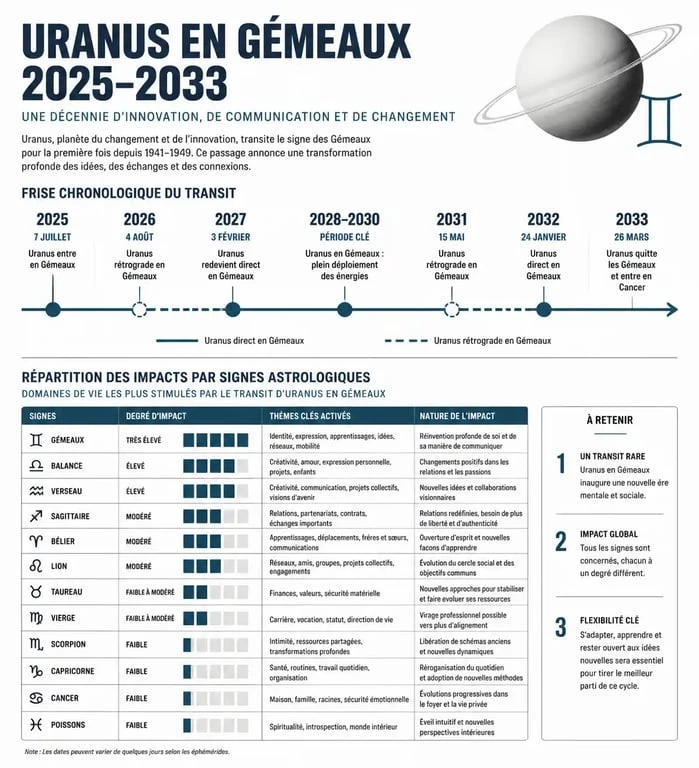 Infographie du transit d'Uranus en Gémeaux 2025 : dates clés et impacts sur les signes astrologiques.