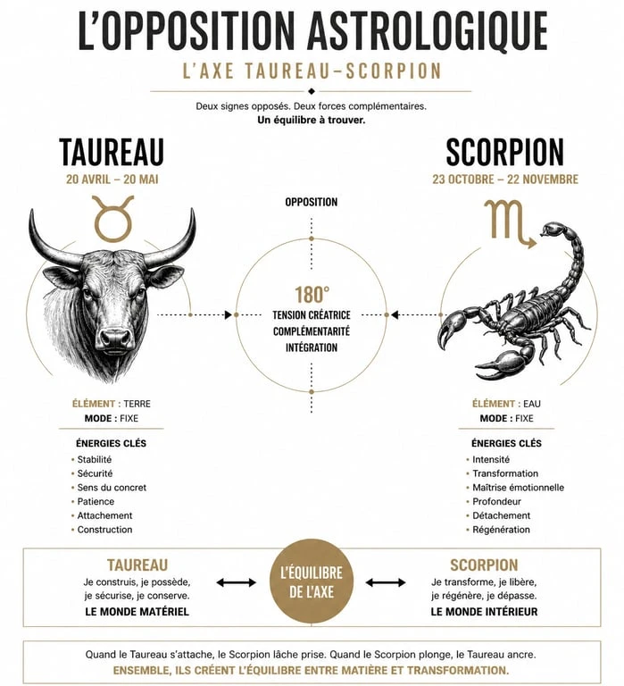 Infographie illustrant l'axe astrologique Taureau-Scorpion lors de la pleine lune en Scorpion