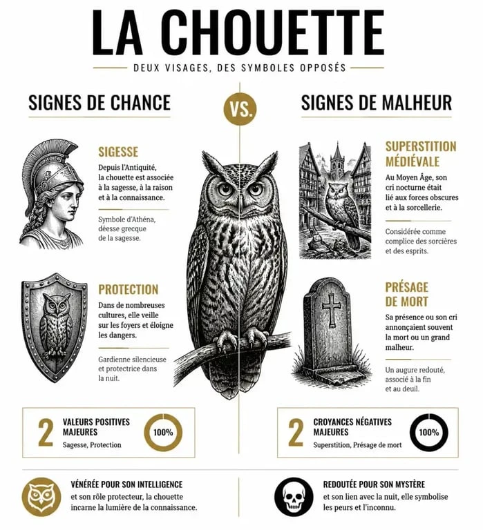Infographie comparant la chouette porte-bonheur et la chouette signe de malheur dans les différentes cultures