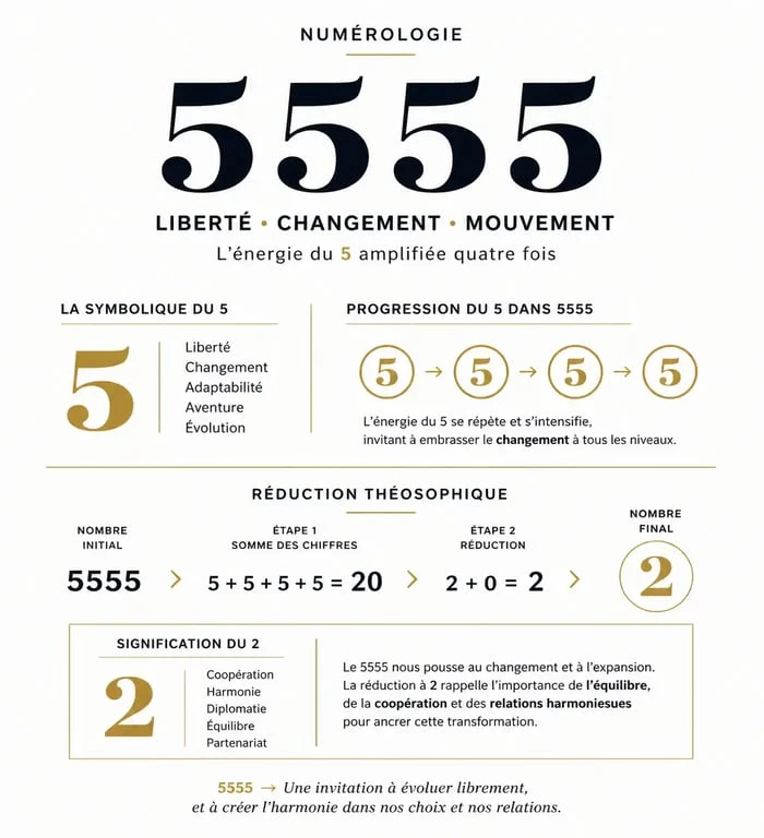 Infographie sur la signification du nombre 5555 et sa réduction numérologique