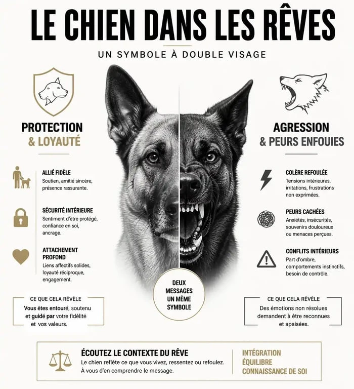 Infographie sur la symbolique du rêve de chien qui m'attaque et ses interprétations psychologiques