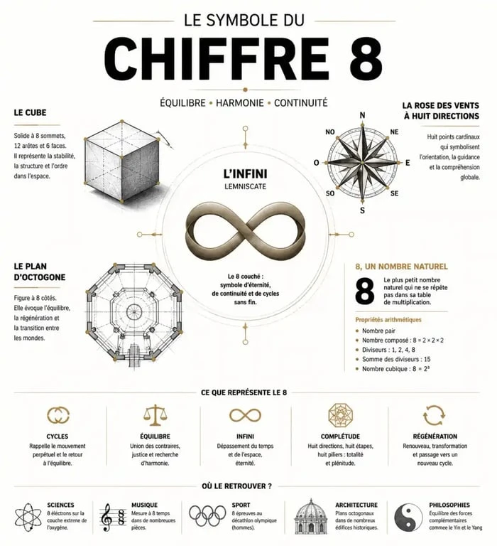 Infographie illustrant le symbolisme universel et géométrique du chiffre 8