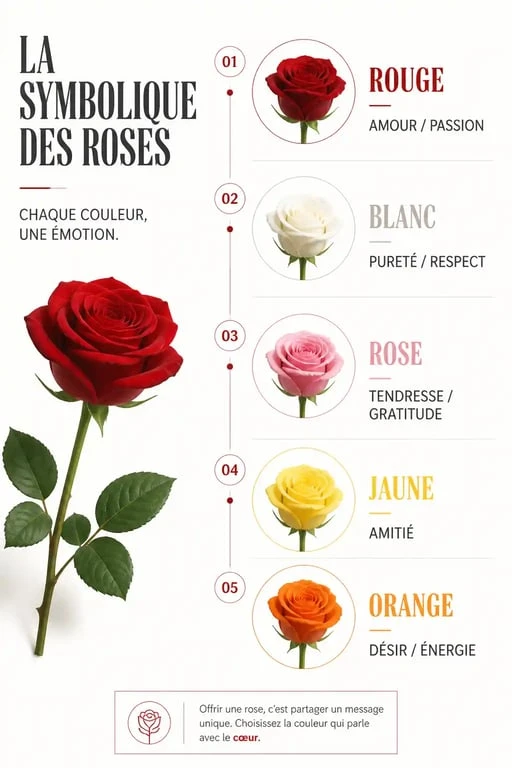 Infographie de la symbolique des roses par couleur pour comprendre le langage des fleurs