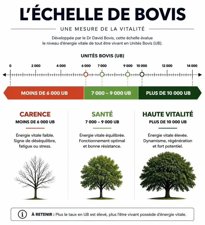 Infographie des seuils de vitalité du taux vibratoire en unités Bovis
