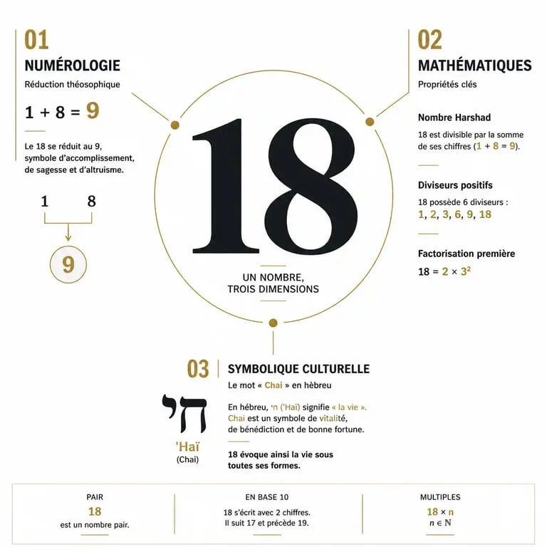 Infographie synthétisant la symbolique, les propriétés mathématiques et la signification culturelle du chiffre 18.