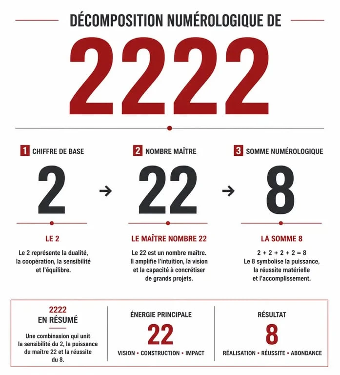 Infographie expliquant la signification numérologique du nombre 2222 et sa réduction au chiffre 8