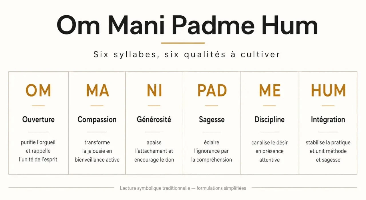 Infographie expliquant la signification des six syllabes du tatouage Om Mani Padme Hum